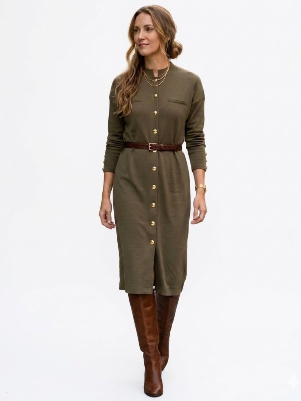 Vtg Liz Claiborne Wool Knit Cardigan Dress Olive Green Button-Front Long Sleeve
